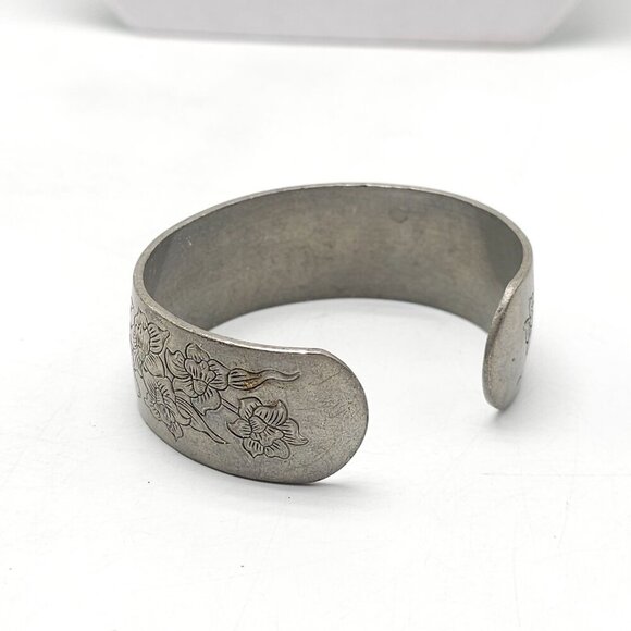 Handcrafted Pewter Floral Engraved Cuff Bracelet By Kirk Jonquil March Vintage - Picture 3 of 7